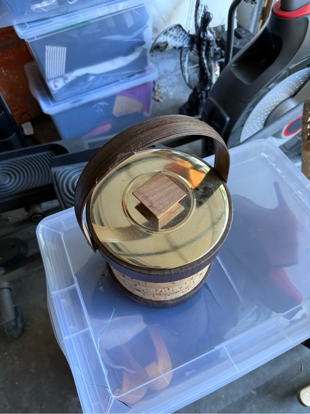 Midcentury Cork & Wood Ice Bucket with Brass Lid